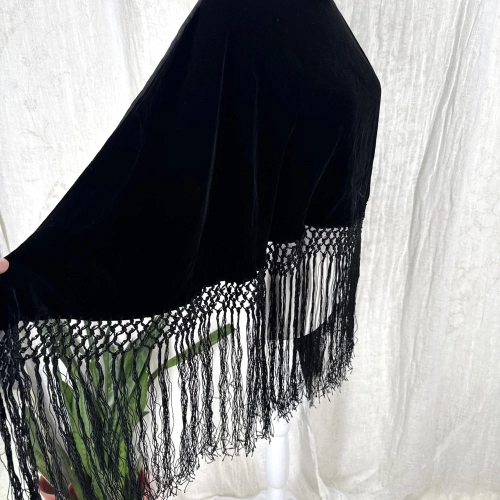 Vintage Velvet Fringe Triangle Shawl Wrap Large Whimsigoth Dark Romantic Indie